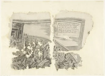 Pravý horní roh otisku scény od Cebes Tabula Cebetis Carta Vitae (název na objektu)