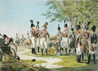 Nové dělostřelectvo a vybavení císařské královské rakouské armády po napoleonských válkách, kolem roku 1820 (barevné lito)
