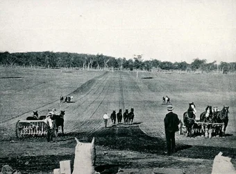 Výuka vrtání a válcování na Dookie Agricultural College, Victoria, kolem roku 1900, z knihy „Under the Southern Cross - Glimpses of Australia“, kterou vydalo ministerstvo zahraničních věcí, Melbourne