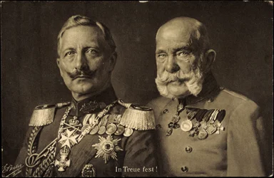 Pruský císař Vilém II. s rakouským císařem Františkem Josefem I., věrnost (čb fotografie)