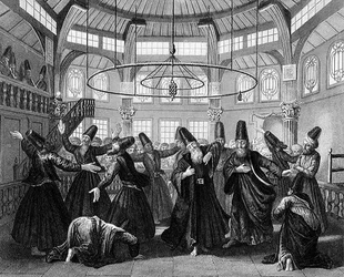Tanec dervišů, vyrytý W. Forrestem, z „World Religion“, vydané nakladatelstvím A. Fullarton & Co. (rytina)