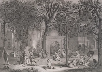 Hinduističtí fakíři praktikující své pověrečné obřady, vyryl Bell, z publikace World Religion, vydané nakladatelstvím A. Fullarton & Co.