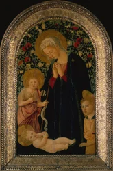Madona zbožňující dítě se svatým Janem Křtitelem, andělem a Rose Hedge vzadu (tempera na panelu)