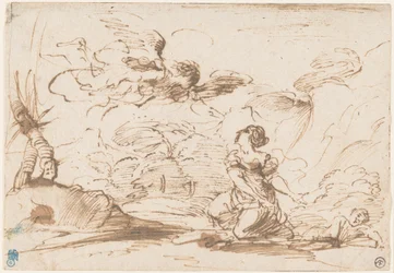 Anděl zjevující se Hagar a Izmaelovi na poušti, asi 1645 (pero a hnědá tuš s hnědou lazurou na křídovém papíře)