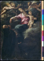Růžencová Madona s Ježíškem, sv. Dominikem a dvěma anděly, kolem 1617 (olej na plátně)