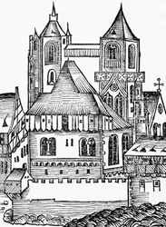 Opatství Montecassino, německý dřevoryt, z Norimberské kroniky (Liber Chronicarum) od Hartmanna Schedela