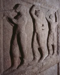 Hudebníci, detail z pohřební stély z Pontassieve, Toskánsko, Itálie, etruská civilizace, 5. století před naším letopočtem