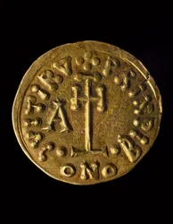 Solidus prince Arechiho, verso, lombardské mince, 8. stol