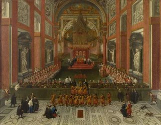 Benedikt XIII. předsedající provinční římské synodě z roku 1725, bazilika sv. Jana v Lateránu, 1725