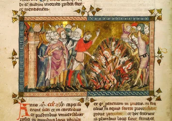 Upalování Židů v roce 1349. Miniatura z: Tractatus quartus od Gillese de Muisit, kolem 1353