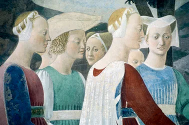 Detail z Legendy o pravém kříži zobrazující uctívání dřeva a setkání královny ze Sáby a krále Šalamouna, od Piera della Francesca