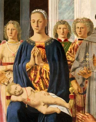 Madona s dítětem obklopená anděly, detail oltářního obrazu Brera Madona s dítětem se svatými se modlí s Federicem da Montefeltro od Piera della Francesca (1412-1492), tempera na dřevě, 251x172 cm
