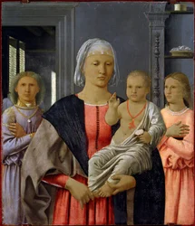Madonna di Senigallia aneb „Madona, dítě se dvěma anděly“ Obraz od Piera della Francesca (1419 / 21-1492) 1480. Rozměr: 52 x 58 cm. Urbino (Urbin), Národní galerie Marche.