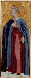 Polyptik z Misericorde: Panna z Misericorde, obklopená svatými. Detail zobrazující Pannu Marii Zvěstování. Malba na dřevě od Piera della Francesca (1415/20-1492) 1445-1460 Rozm. 54x21 cm Sansepolcro, Pinacoteca Comunale