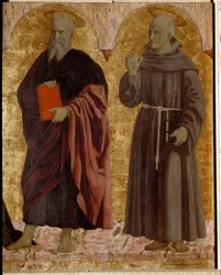 Polyptik z Misericorde: Panna z Misericorde, obklopená svatými. Detail zobrazující svatého André a svatého Bernardina ze Sieny (Bernardino da Siena nebo Bernardino degli Albizzeschi