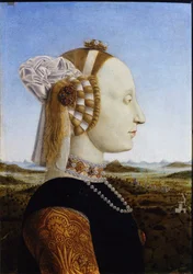 Portrét Battisty Sforzové z párových portrétů Federica da Montefeltra a jeho manželky, vévody a vévodkyně z Urbina, 1472