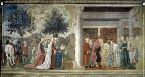 Legenda o pravém kříži, detail Klanění Svatého dřeva a setkání Šalamouna a královny ze Sáby