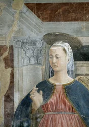 Legenda o pravém kříži, Zvěstování, detail Panny Marie, dokončeno 1464 detailů fresky z 58292