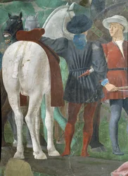 Legenda o pravém kříži, Přijetí královny ze Sáby králem Šalamounem, detail dvou jezdců, dokončena freska z roku 1464