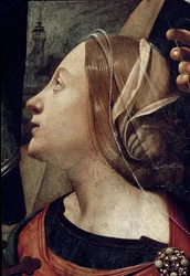 Svatá Margarita Antiochijská, detail početí Neposkvrněné obklopené 6 svatými. (Olej na plátně, kolem roku 1505)