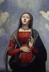 Panna Maria s holubicí Ducha svatého nad ní, obklopená šesti světci. detail (olej na plátně, cca 1505)