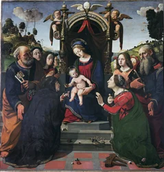 Panna a dítě na trůnu obklopené svatými (olej a tempera na panelu, cca 1493)