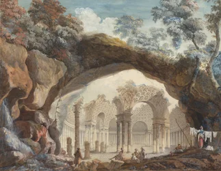 Architektonická fantazie: (kvaš na papíře): Ruiny kruhového chrámu viděné skrz přírodní oblouk, asi 1785)