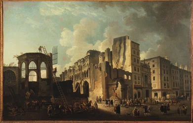Demolice kostela svatých neviňátek, rue Saint-Denis, asi 1787 (olej na plátně)