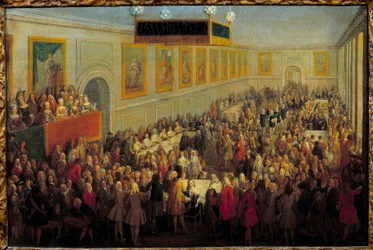 Slavnost při korunovaci Ludvíka XV. v arcibiskupském paláci v Remeši 25. října