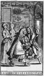 Les Precieuses ridicules de Moliere (postižené mladé dámy) rytiny od Pierra Brissarta pro vydání z roku 1682.