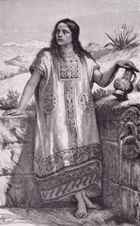Mladá toltécká dívka, z knihy "The Ancient Cities of the New World", Claude-Joseph-Desire Charnay, vyd. 1887 (rytina)