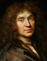 Detail „Portrétu Molièra“ (1622-1673), Jean-Baptiste Poquelin - obraz ze školy Pierra Mignarda (1612-1695) - Chantilly, Musée Condé