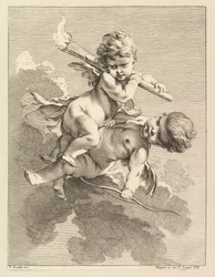 Dva Amorové, jeden nesoucí pochodeň, druhý luk, 1727-60.