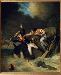 Smrt vévody Leopolda z Brunswicku během povodně v Brunswicku v roce 1785. (Smrt Leopolda z Brunswicku během povodně v Brunswicku v roce 1785). Obraz Pierra Alexandre de Wille (1748-1821). Olej na plátně