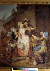 Svádění. Muž svádí mladou ženu tím, že jí nabízí kytici květin; jiná žena ji zřejmě varuje. Obraz Pierre-Alexandre Wille dit Wille Fils (1748-1821). 1778. Paříž, Muzeum dekorativního umění