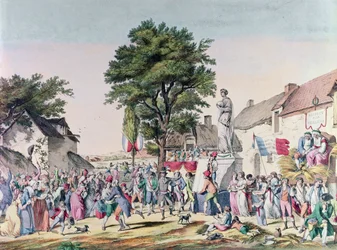 Vesnické slavnosti na počest stáří v době francouzské revoluce, 1795 (barevná rytina)
