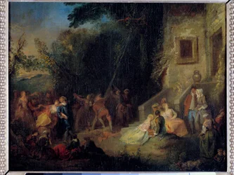 Květnové sázení tradiční slavnost, která spočívala v zasazení stromu v květnu. Obraz připisovaný Pierre-Antoine Quillardovi (asi 1701-1733) 18. století. Slunce 0,37x0,45 m