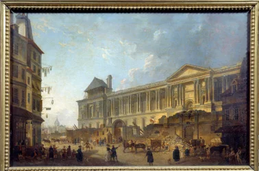 Pohled na kolonádu scény Louvre Street se staveništěm před Palais du Louvre. Obraz Pierra Antoine Demachy (1723-1807) 1772