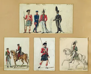 Uniformy skotských vojáků a pruských, anglických, hannoverských a ruských důstojníků v roce 1814