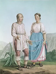 Kostýmy indiánů z Michoacanu z „Voyages aux Regions Equinoxiales du Nouveau Continent“ od Alexandra von Humboldta (1769-1859) vydané v roce 1810