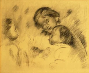 Gabrielle Renard s Jean Renoir a malou holčičkou, cca 1895-96 (černá křída na palubě)