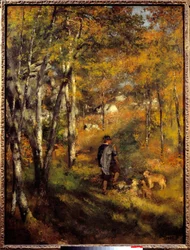 Jules Lecoeur a jeho psi v lese Fontainebleau. Obraz Pierra Auguste Renoira (1841-1919)