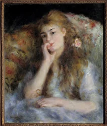 Mladá dívka sedící aneb "" myšlenka"" Obraz Pierre Auguste Renoir (1841-1919) 1876 Soukromá sbírka - Mladá žena sedící aneb ""Myšlenka""". Obraz Pierra Auguste Renoira (1841-1919)