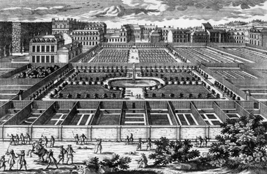 Pohled na kuchyňskou zahradu ve Versailles v době Ludvíka XIV., rytina Aveline