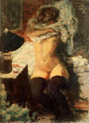 Černé punčochy Žena svlékání. Obraz Pierra Bonnarda (1867-1947) 1908 o Dim. 58x43 cm Anglie, kolekce The Earl of Rosslyn
