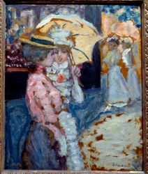 Procházka Dvě elegantní mladé ženy oblečené v módě Belle Epoque mluví pod deštníkem. Obraz Pierra Bonnarda (1867-1947) 1900 Ne. 0,38x0,21 m Soukromý odběr