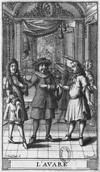Moliere jako Harpagon, přední ilustrace z filmu Lakomec od Moliera, rytý Jean Sauve (fl.1660-91), vydání 1682