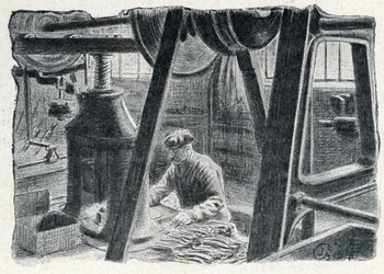 Lisování příborů mlýnkem Rytina z „Excursion a travers les metiers“ od Pierre Calmette Private Collection