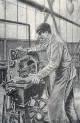 Řezání pažb v továrně na zbraně Gravírování ze soukromé sbírky Pierre Calmette