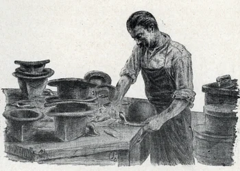 Hatuntekijä: keilahatun reunojen silloittaminen (keilahatun tekeminen) Kaiverrus piirretty Pierre Calmetten yksityiskokoelman "Excursion through the trades" -julkaisusta